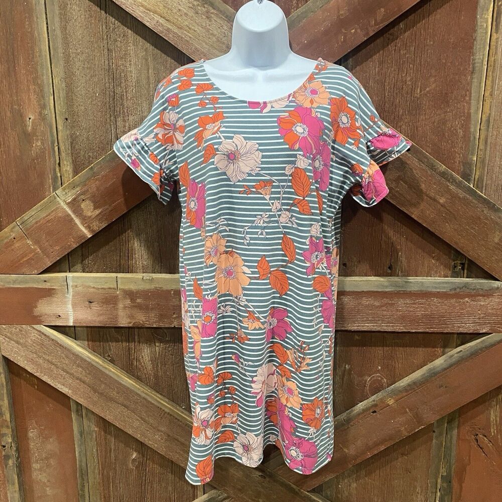 Lands' End Floral Jersey Dress Small Sz 6-8 Stretch Pink Orange Ruffle Sleeve